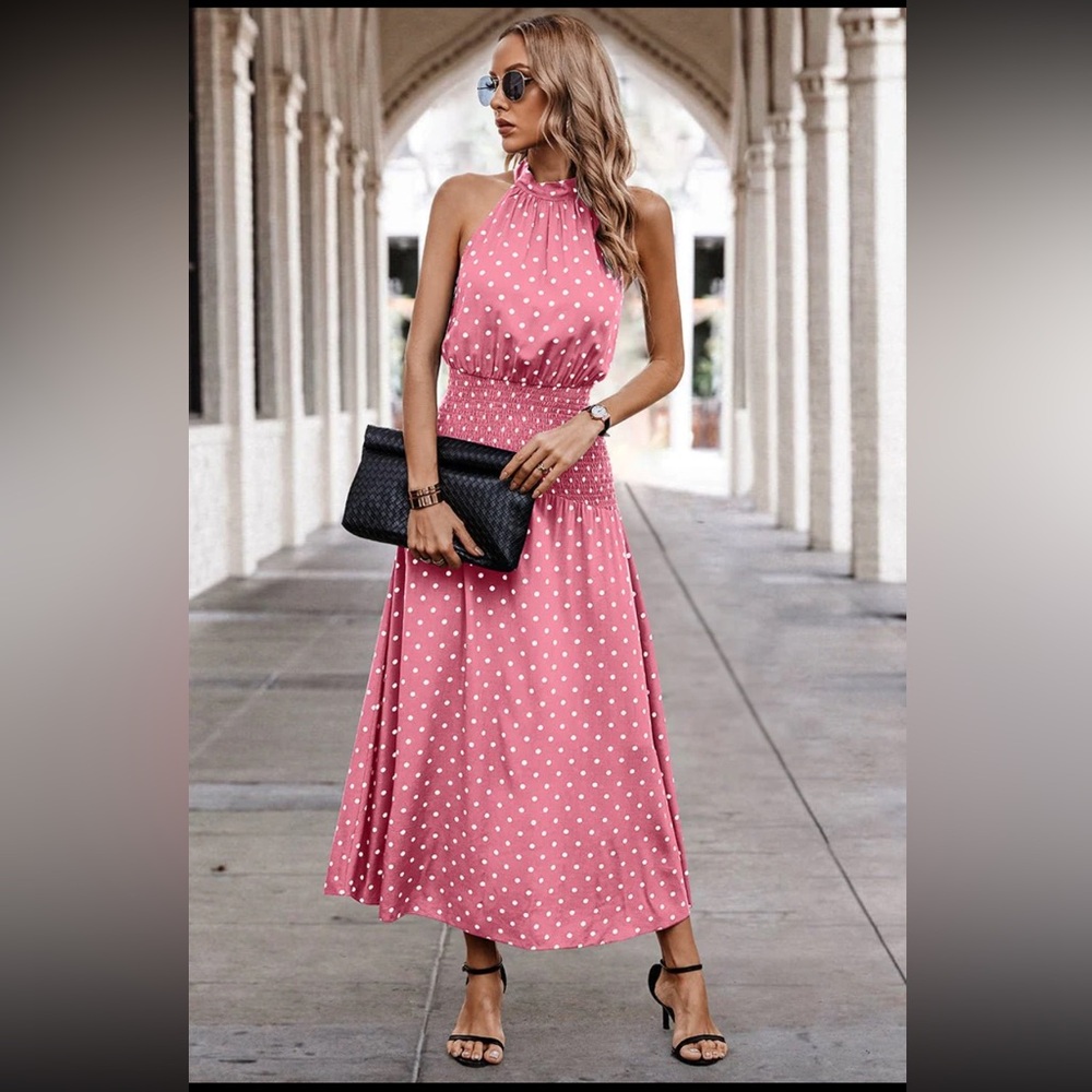 1071. Pink Polka Dot Halter Midi Length Dress